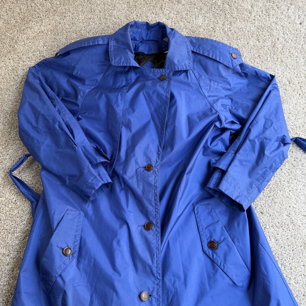 Vintage J. Gallery Coat Womens 11/12 Blue Belted Rain Trench Collared Lined Long